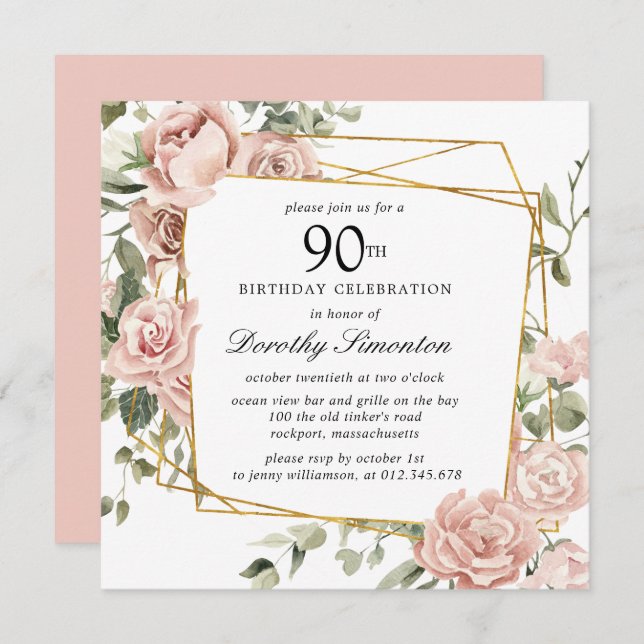 Dusty Pink Rose Floral 90th Birthday Invitation (Front/Back)