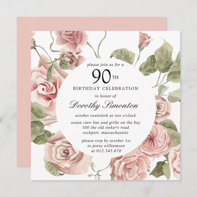 Dusty Pink Rose Floral 90th Birthday Invitation (Front/Back)