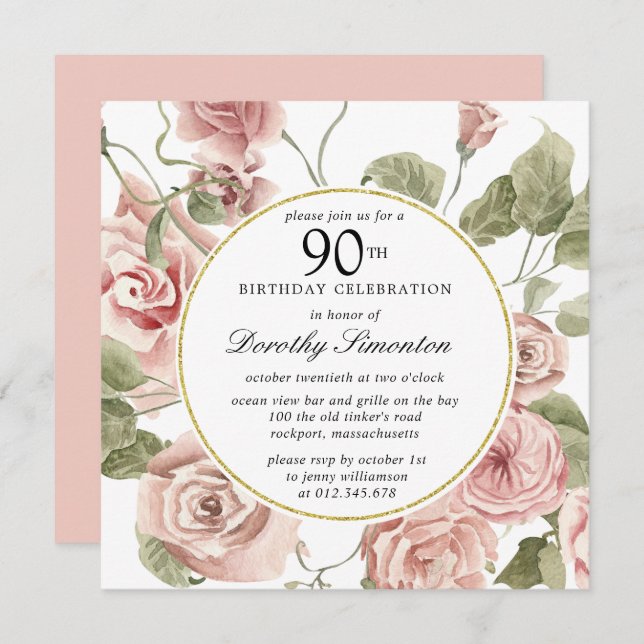 Dusty Pink Rose Floral 90th Birthday Invitation (Front/Back)