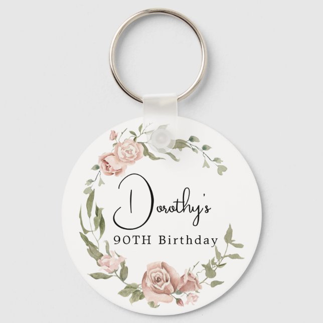 Dusty Pink Rose Floral 90th Birthday Keychain (Front)