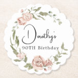 Dusty Pink Rose Floral 90th Birthday Paper Coaster<br><div class="desc">Soft dusty pink roses create a beautiful rustic floral wreath. The woman's name and 90th birthday follow. This coaster is part of the Dusty Pink Rose collection. It contains many DIY templates that let you quickly create invitations and party supplies.</div>