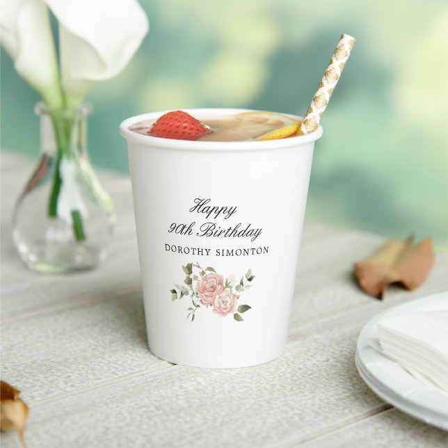 Dusty Pink Rose Floral 90th Birthday  Paper Cups (Insitu)