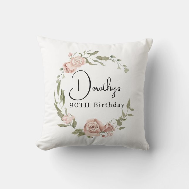 Dusty Pink Rose Floral 90th Birthday Throw Pillow (Front)