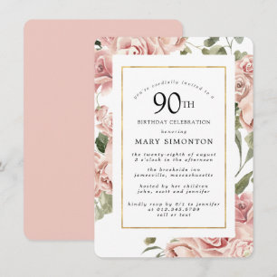 Dusty Pink Rose Floral 90th Gold Birthday Party Invitation
