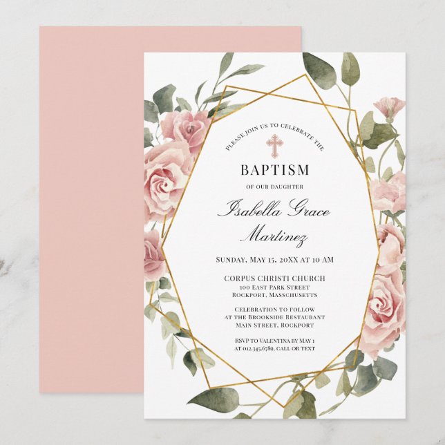 Dusty Pink Rose Floral Elegant Baptism Invitation (Front/Back)
