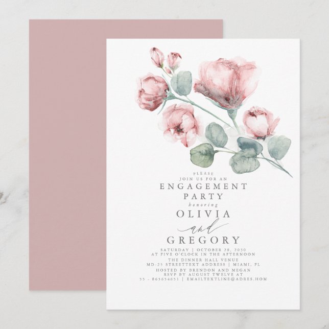 Dusty Pink Rose Floral Elegant Engagement Party Invitation (Front/Back)