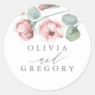 Dusty Pink Rose Floral Elegant Wedding Classic Round Sticker