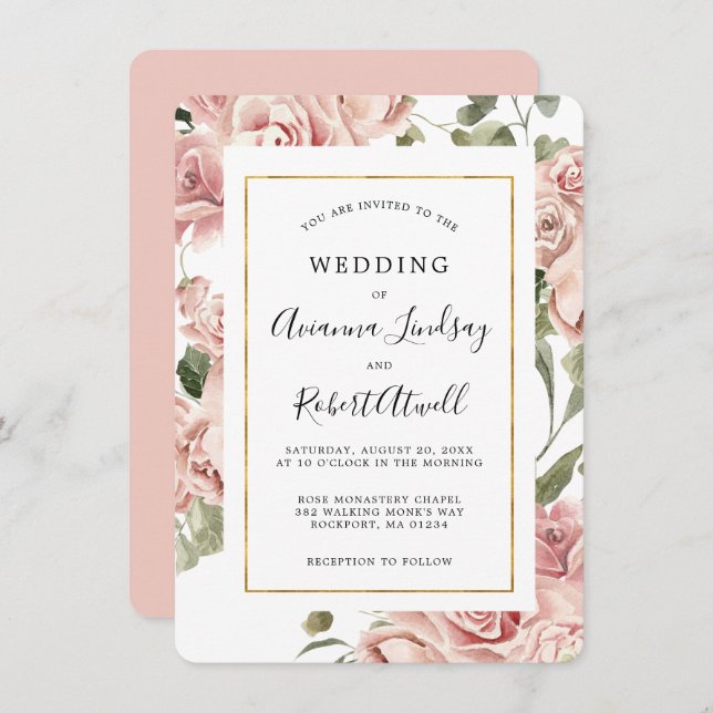 Dusty Pink Rose Floral Gold Frame Wedding Invitation (Front/Back)