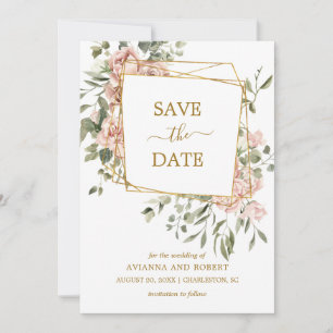 Dusty Pink Rose Floral Gold Geometric Frame Save T The Date