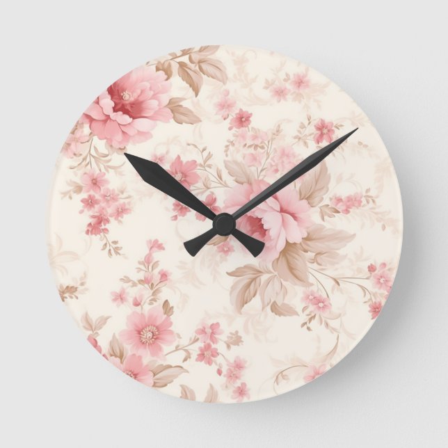 Dusty Pink Rose Floral  Round Clock (Front)