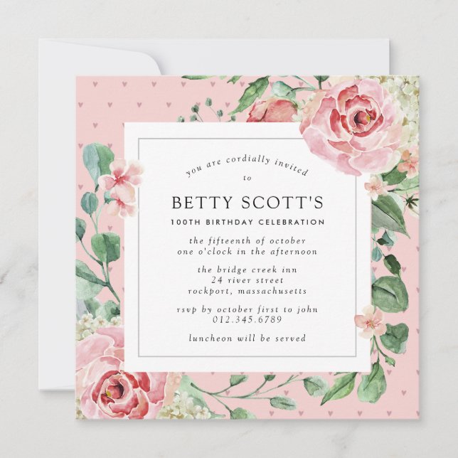 Dusty Pink Rose Floral Square 100th Birthday Party Invitation (Front)