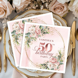 Dusty Pink Rose Gold Floral 50th Birthday Dinner Napkin