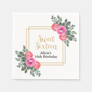 Dusty Pink Rose Greenery Botanical Gold Sweet 16 Napkin