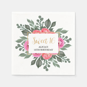 Dusty Pink Rose Greenery Flora Sweet 16 Napkin