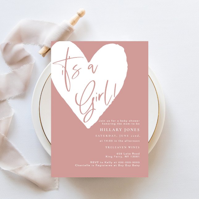 Dusty Pink/ Rose It's a girl heart Baby Shower Invitation (Creator Uploaded)