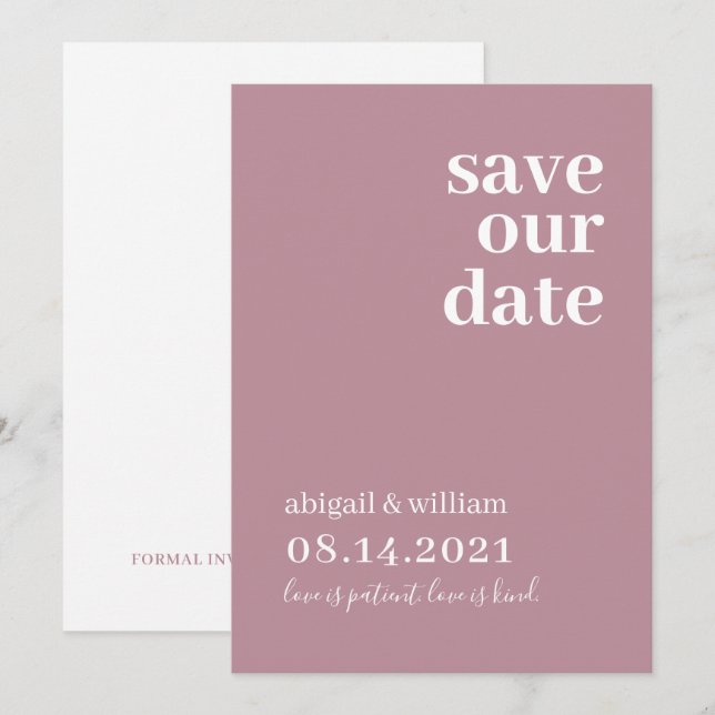 Dusty Pink Rose Simple Modern Non Photo Wedding Save The Date (Front/Back)
