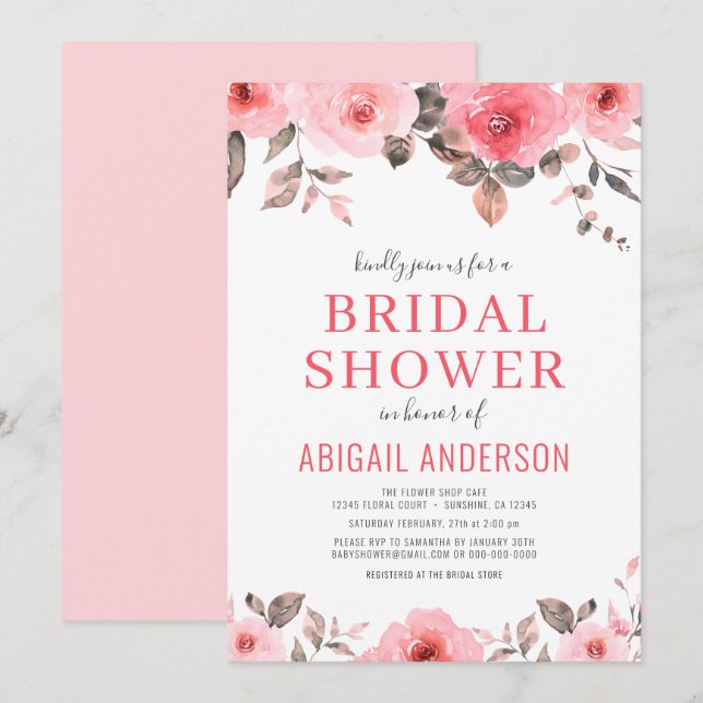 Dusty Pink Rose Watercolor Floral Bridal Shower  Invitation (Front/Back)