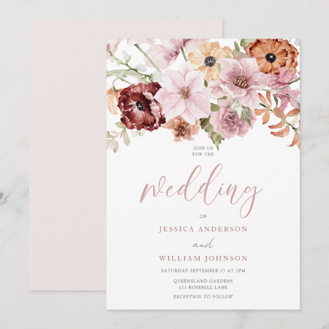 Dusty Pink Rose Watercolor Florals Wedding Invitation (Front/Back)