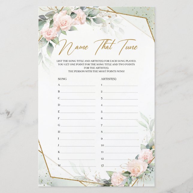 Dusty pink roses and greenery Name That Tune game (Front)