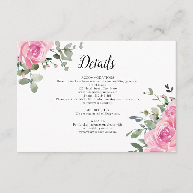 Dusty Pink Roses Eucalyptus Wedding Details Enclosure Card (Front)
