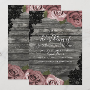 Dusty Pink Roses Grey Rustic Black Lace Wedding Invitation