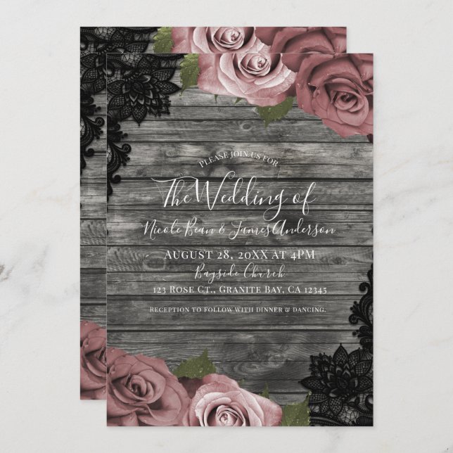 Dusty Pink Roses Grey Rustic Black Lace Wedding Invitation (Front/Back)