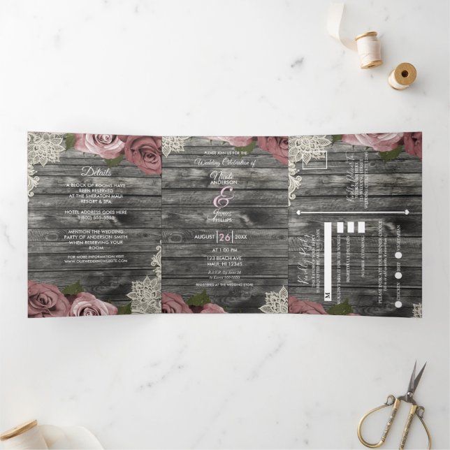 Dusty Pink Roses & Lace Rustic Grey Wood Wedding Tri-Fold Invitation (Inside)