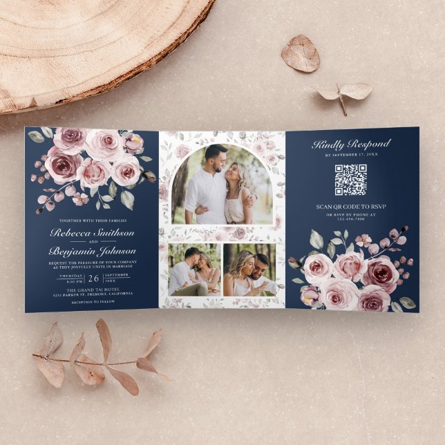 Dusty Pink Roses Navy Blue QR Code Wedding Tri-Fold Invitation (Creator Uploaded)