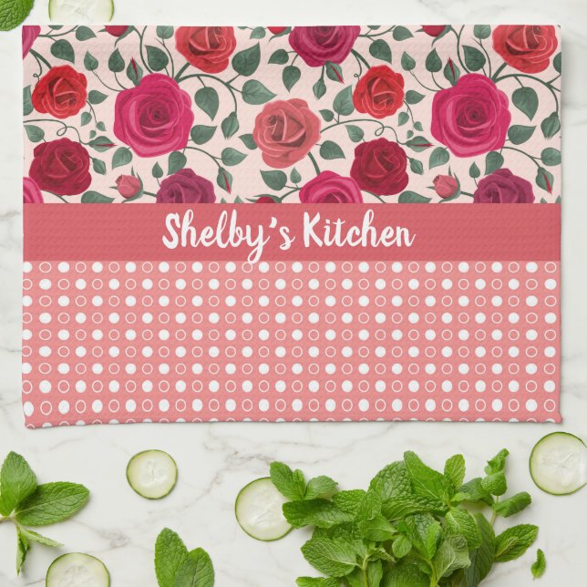 Dusty Pink Roses Personalized Kitchen Towel (Folded)