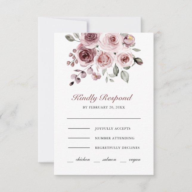 Dusty Pink Roses Wedding RSVP Card (Front)