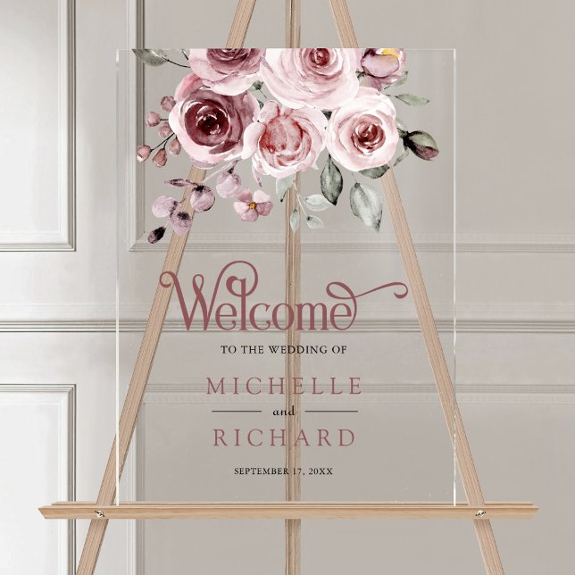 Dusty Pink Roses Wedding Welcome Acrylic Sign (Creator Uploaded)