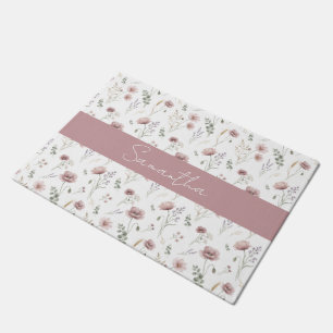 Dusty Pink Sage Green Watercolor Wildflower Doormat