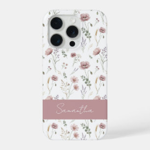 Dusty Pink Sage Green Watercolor Wildflower iPhone 15 Pro Case