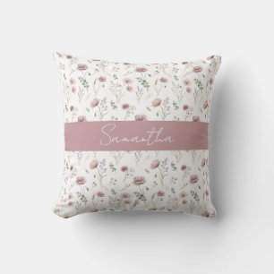 Dusty Pink Sage Green Watercolor Wildflower Throw Pillow