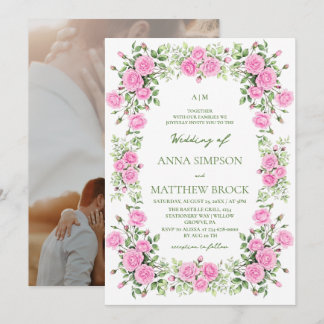 Dusty Pink & Sage Roses Elegant Floral Wedding Invitation