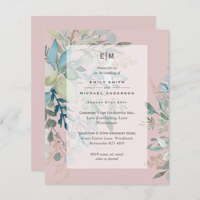 Dusty Pink Sage Wedding Ceremony and Reception Inv (Front/Back)