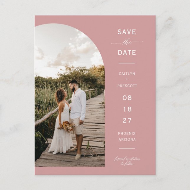 Dusty Pink Script Arch Photo QR Code Save the Date Postcard (Front)
