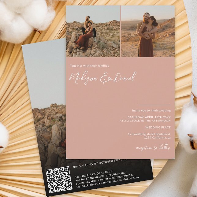 Dusty pink script names 3 photos  qr code wedding invitation (Creator Uploaded)
