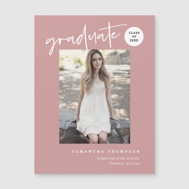 Dusty Pink Script School Graduate Photo Magnet (Devant)