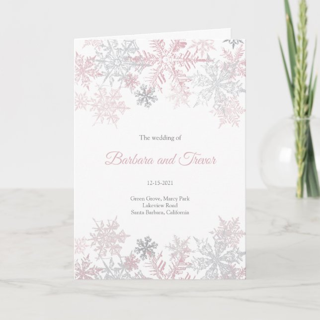 Dusty Pink & Silver Snowflakes Winter Wedding Program (Front)