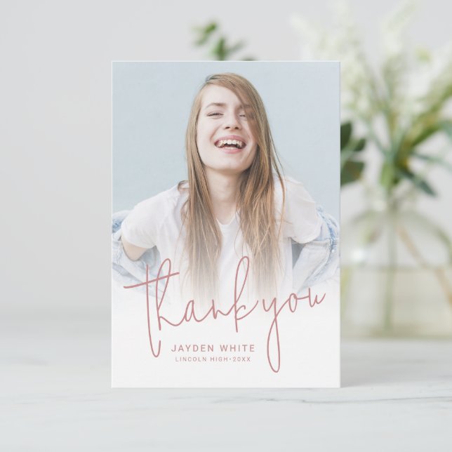 Dusty Pink Simple Modern Script 2 Photo Graduation Thank You Card (Standing Front)