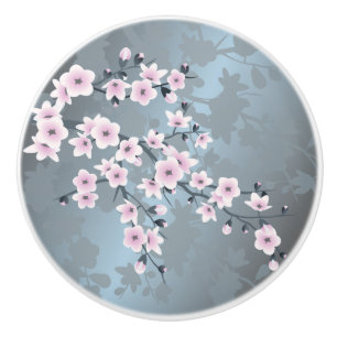 Dusty Pink Slate Blue Cherry Blossom Floral Ceramic Knob