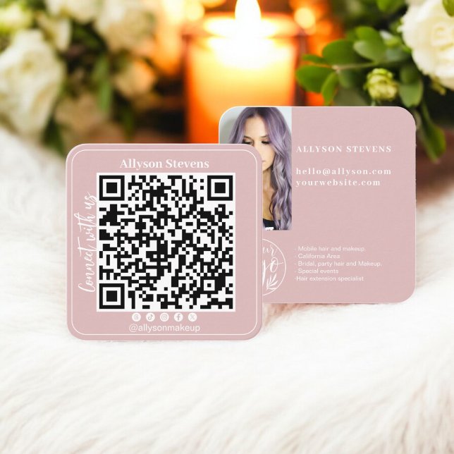 Dusty pink Social Media QR Code Photo Logo Square Business Card (Dusty pink Social Media QR Code Photo Logo Square Business Card)