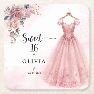 Dusty Pink Sweet 16 Floral Dress Paper Coaster