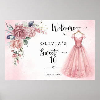 Dusty Pink Sweet 16 Floral Dress Welcome Poster
