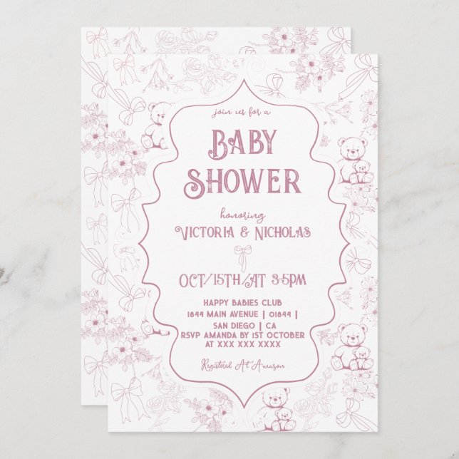Dusty Pink Toile Bow Bear Baby Girl Shower Invitation (Front/Back)