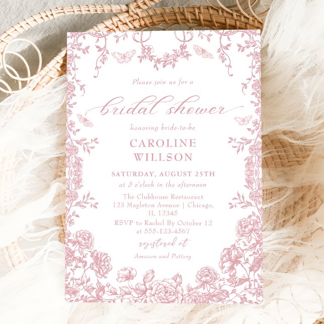 Dusty Pink Toile Floral Chinoiserie Bridal Shower Invitation (Creator Uploaded)