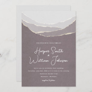 dusty pink torn paper mountains wedding invitation