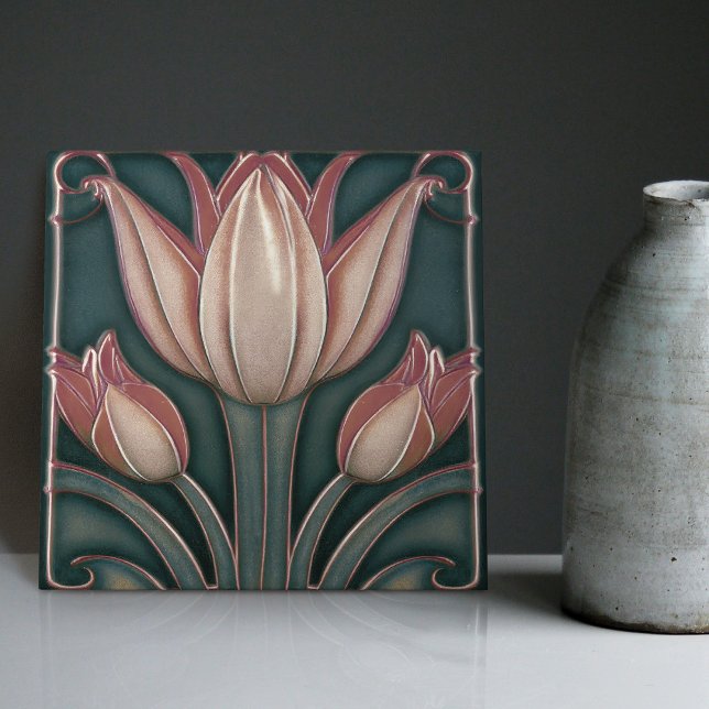 Dusty Pink Tulips on Blue Symmetric Art Nouveau Tile (Creator Uploaded)