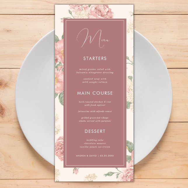 Dusty Pink Vintage Floral Botanical Wedding Dinner Menu (Creator Uploaded)